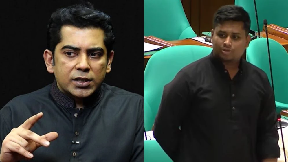 জাতীয় সংসদে বক্তব্যরত ব্যারিস্টার আন্দালিব রহমান পার্থ এবং হাসনাত আবদুল্লাহর কোলাজ ছবি। সংগৃহীত